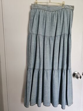 Light Wash Vintage 90s Denim Cambray Tiered Maxi Skirt